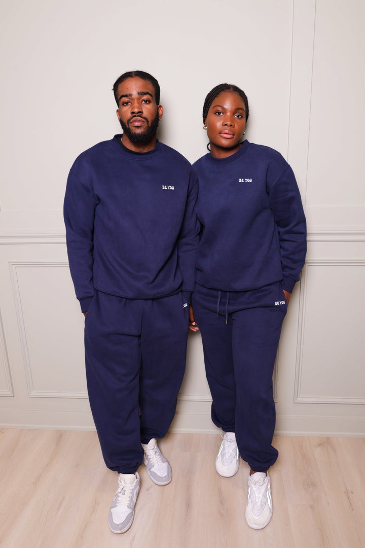 Heavy Dark Blue Crew Neck Sweatshirt Jogger Set - Unisex