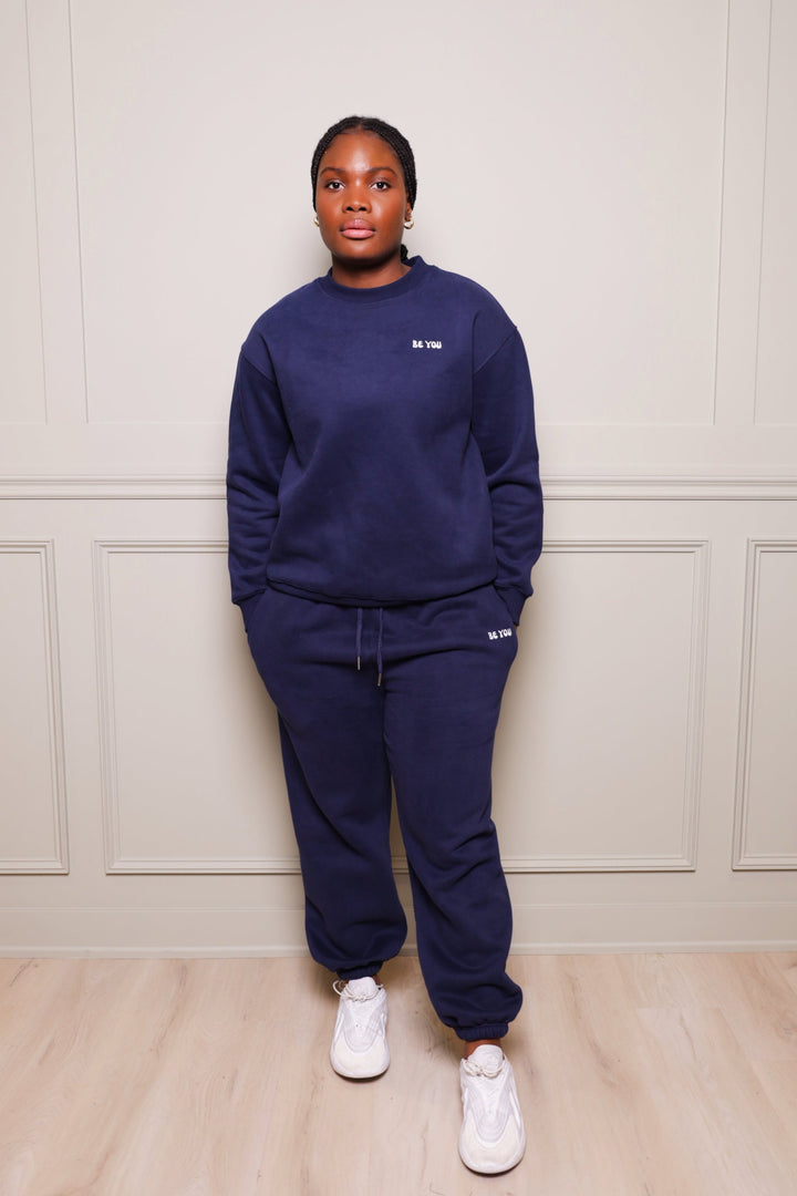 Heavy Dark Blue Crew Neck Sweatshirt Jogger Set - Unisex