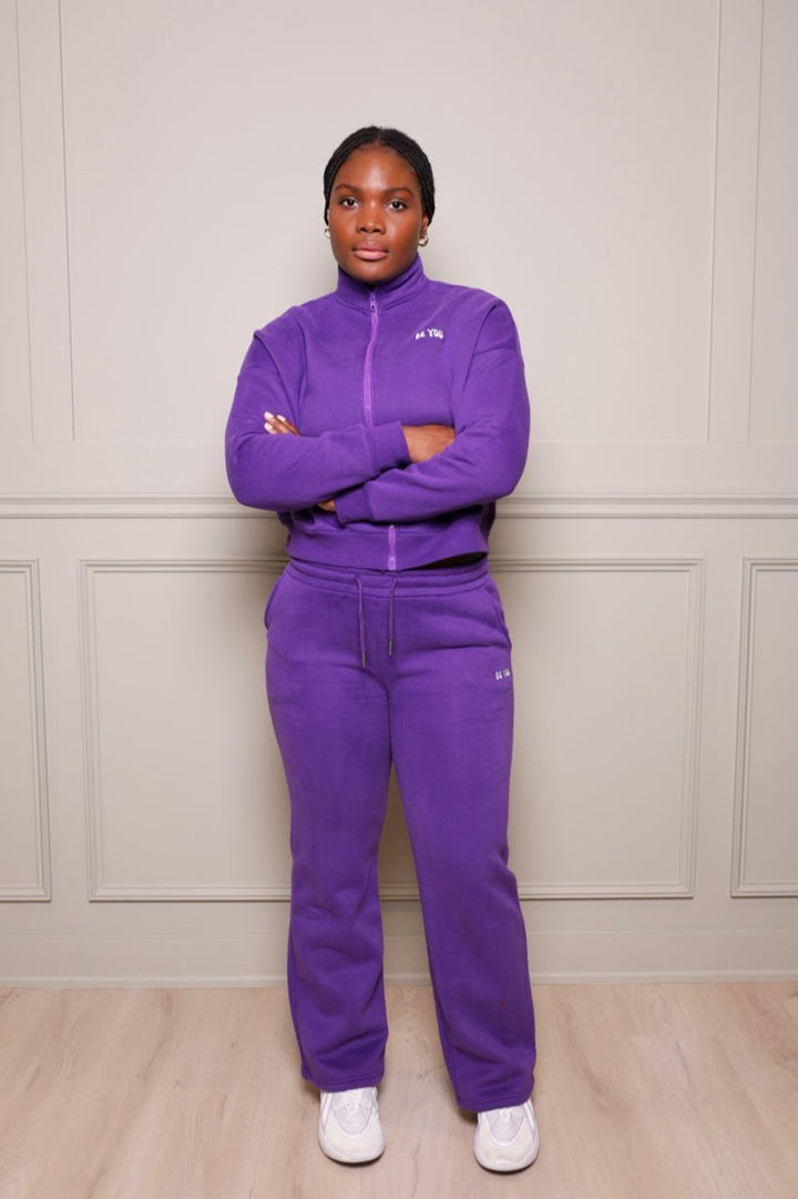 Purple Full-zip Cropped Heavy pullover Hoodie Jogger Set