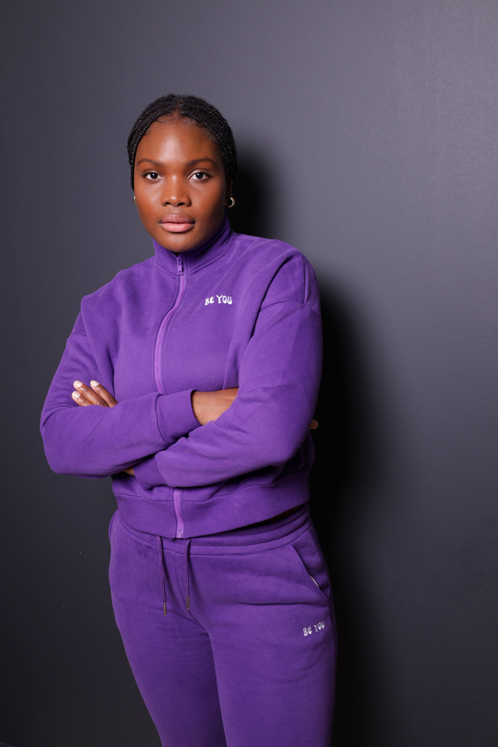 Purple Full-zip Cropped Heavy pullover Hoodie Jogger Set