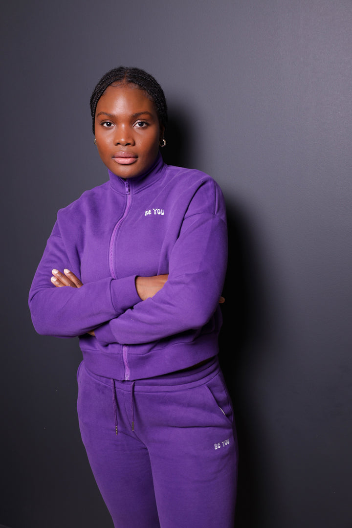 Ensemble de jogging à capuche et pull épais violet avec fermeture éclair complète pour femme 