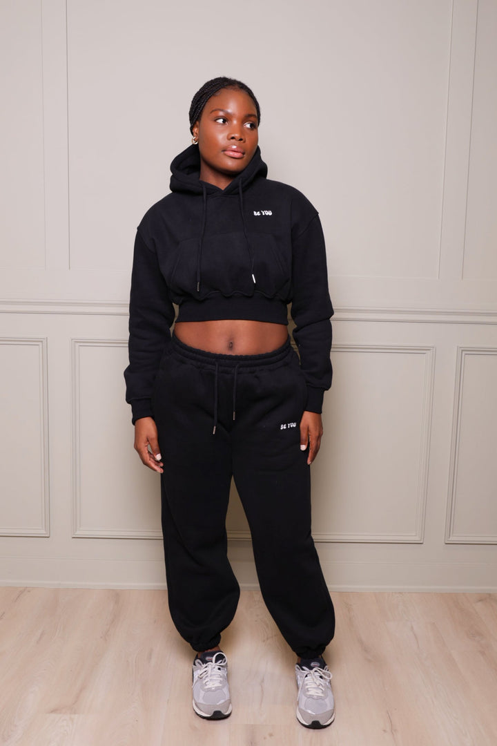 Cropped Hoodie Jogger Set Heavy Black