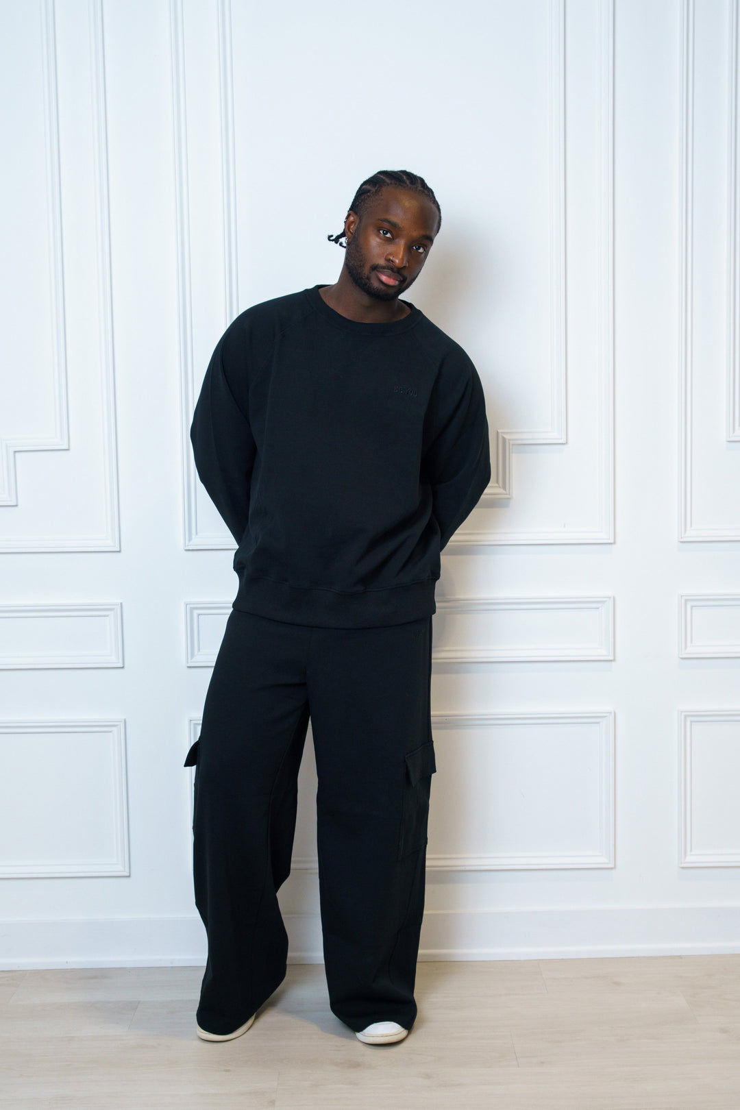 Black Oversized Two-Piece set Crew neck Sweatshirt and Cargo Sweatpants - Unisex