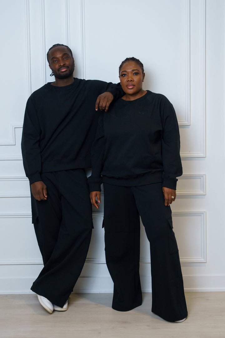 Black Oversized Two-Piece set Crew neck Sweatshirt and Cargo Sweatpants - Unisex