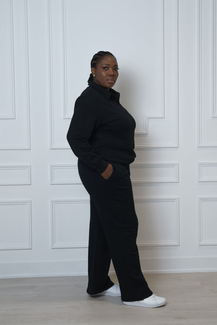 Black Two-Piece set Polo Sweatshirt and Sweatpants - Unisex