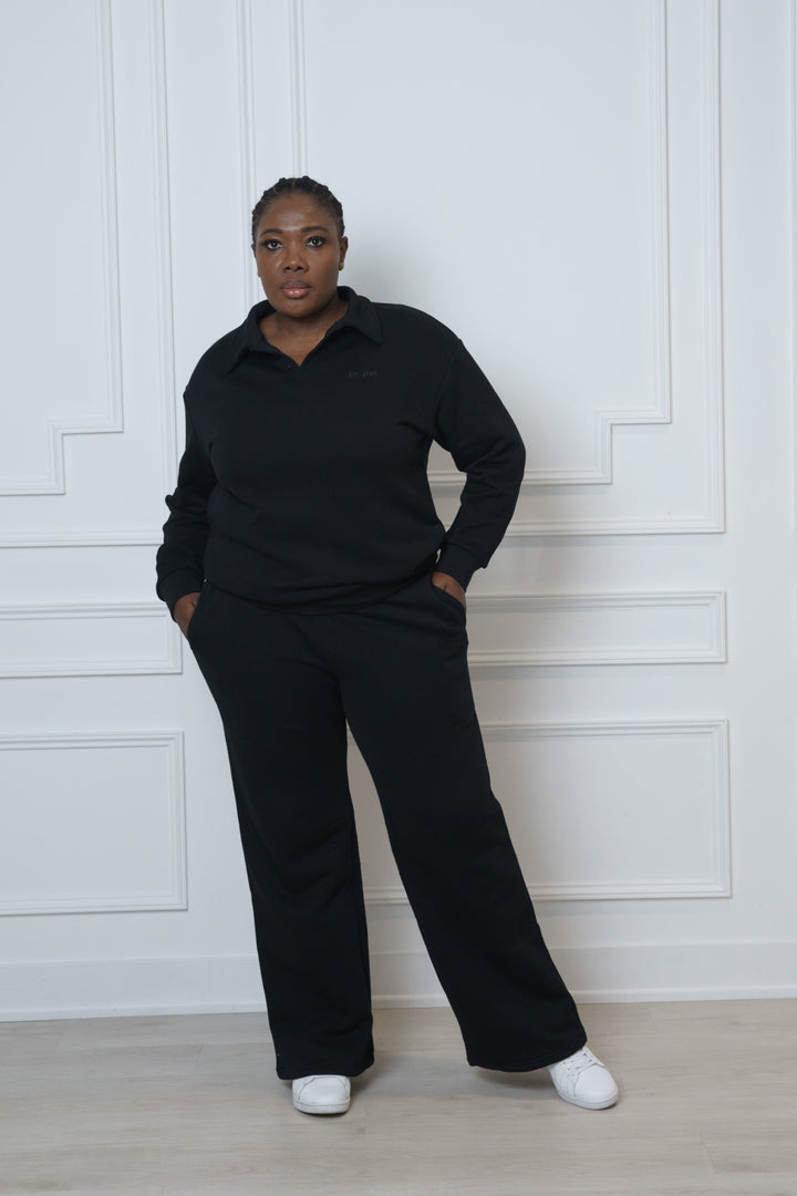 Black Two-Piece set Polo Sweatshirt and Sweatpants - Unisex